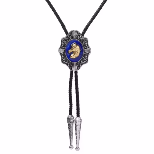 Blau western cowboy bolo-krawatte mit goldenem tierkopfmotiv