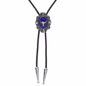 Blaue western cowboy bolo-krawatte mit goldenem tierkopfmotiv - stierkopf