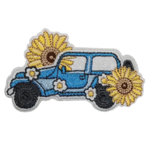 Blauer jeep und sonnenblumen cowboy bestickter patch