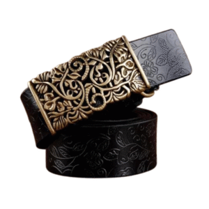 Blumengravierter western ledergürtel für damen mit rechteckiger schnalle - schwarz