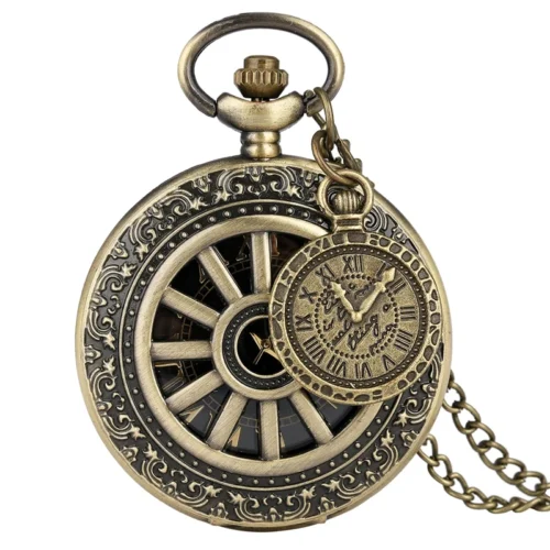 Bronze western antike quarz taschenuhr mit römischen ziffern und kette