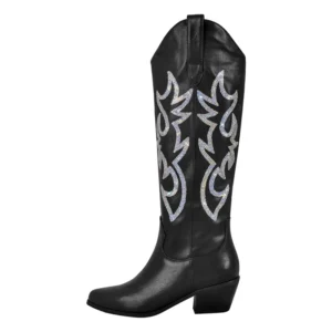 Damen bestickte schwarze kniehohe cowboystiefel