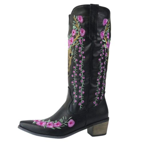 Damen-cowboystiefel mit blumenstickerei und büffelschädel design