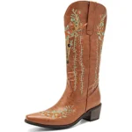 Damen-cowboystiefel mit blumenstickerei und büffelschädel design - braun