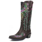 Damen-cowboystiefel mit blumenstickerei und büffelschädel design - kaffee