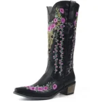 Damen-cowboystiefel mit blumenstickerei und büffelschädel design - schwarz