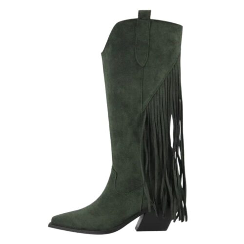 Damen cowboystiefel mit fransen und hohem keilabsatz - grün