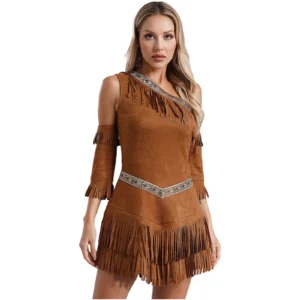 Damen ein-schulter kunstwildleder fransen kostümkleid