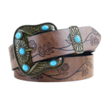 Damen floraler gravierter westerngürtel mit türkiser schnalle - 100cm
