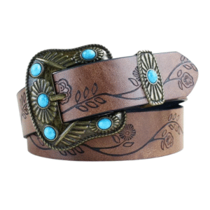 Damen floraler gravierter westerngürtel mit türkiser schnalle - 100cm