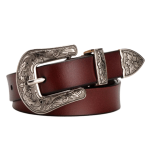 Damen vintage western gürtel mit blumengravierter schnalle - rot braun