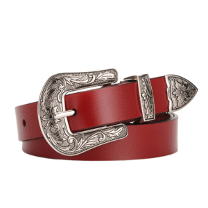 Damen vintage western gürtel mit blumengravierter schnalle - rot