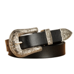 Damen vintage western gürtel mit blumengravierter schnalle - schwarz