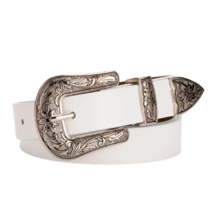Damen vintage western gürtel mit blumengravierter schnalle - weiß