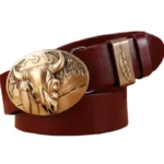 Damen vollnarbenleder western gürtel mit stierkopfschnalle - blatt ring braun