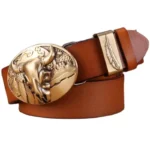Damen vollnarbenleder western gürtel mit stierkopfschnalle - blatt ring camel