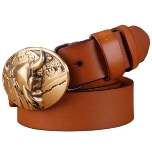 Damen vollnarbenleder western gürtel mit stierkopfschnalle - camel