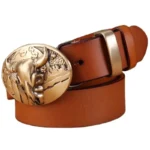 Damen vollnarbenleder western gürtel mit stierkopfschnalle - camel ring