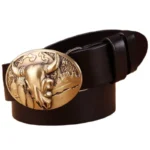 Damen vollnarbenleder western gürtel mit stierkopfschnalle - kaffee