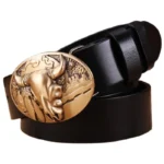 Damen vollnarbenleder western gürtel mit stierkopfschnalle - schwarz