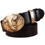 Damen vollnarbenleder western gürtel mit stierkopfschnalle - schwarzer ring