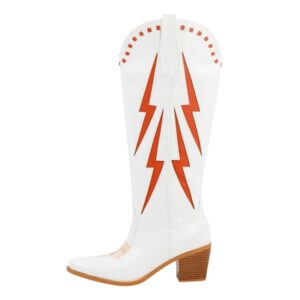 Damen weiße kniehohe westernstiefel mit oranger blitzstickerei