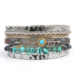 Damen western boho leder wickelarmband mit türkis und feder akzenten - silber-grau