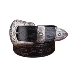 Damen western geprägter ledergürtel mit gravierter floraler schnalle - schwarz