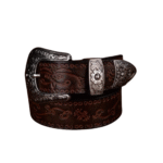Damen western geprägter ledergürtel mit gravierter floraler schnalle - kaffee