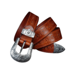 Damen western geprägter ledergürtel mit gravierter floraler schnalle - hellbraun