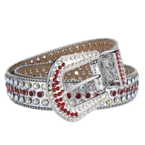 Damen western gürtel mit strasssteinbesatz und schnalle - silber rot