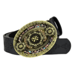 Damen western leder geprägter gürtel mit dekorativer schnalle - schwarz-stil 1