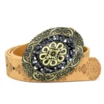 Damen western leder geprägter gürtel mit dekorativer schnalle - kamel-stil 3