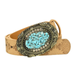 Damen western leder geprägter gürtel mit dekorativer schnalle - camel-stil 4