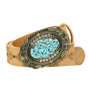 Damen western leder geprägter gürtel mit dekorativer schnalle - camel-stil 4