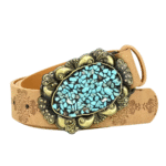 Damen western leder geprägter gürtel mit dekorativer schnalle - camel-stil 9