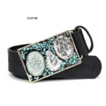 Damen western leder geprägter gürtel mit dekorativer schnalle - schwarz-stil 2