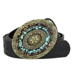 Damen western leder geprägter gürtel mit dekorativer schnalle - schwarz-stil 7