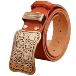 Damen western ledergürtel mit verzierter floraler messingschnalle - blatt ring camel