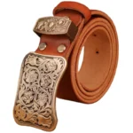 Damen western ledergürtel mit verzierter floraler messingschnalle - flow ring camel
