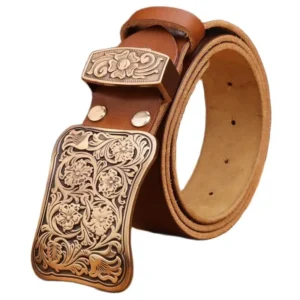 Damen western ledergürtel mit verzierter floraler messingschnalle - fließring khaki