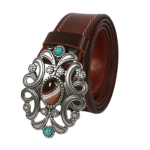 Damen western ledergürtel mit verzierter schnalle und türkis akzenten - dunkelbraun