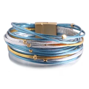 Damen western mehrlagiges lederarmband mit magnetischem verschluss - blau gold farbe