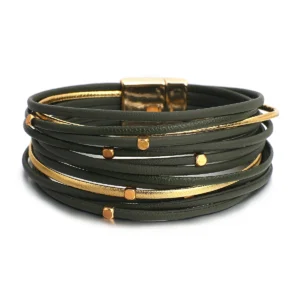 Damen western mehrlagiges lederarmband mit magnetischem verschluss - ein grün