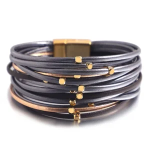 Damen western mehrlagiges lederarmband mit magnetischem verschluss - grau goldfarbe