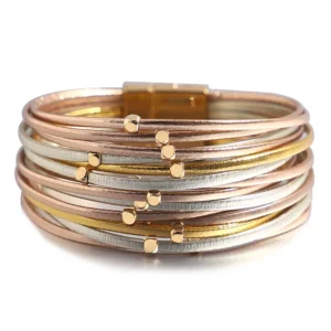 Damen western mehrlagiges lederarmband mit magnetischem verschluss - mischfarbe gold