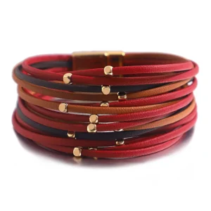 Damen western mehrlagiges lederarmband mit magnetischem verschluss - weinrot