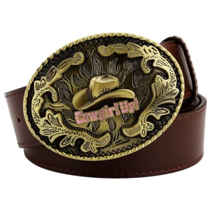 Westernledergürtel für damen mit 'cowgirl up' schnalle - braun cowgirl up bronze hut