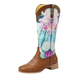 Damenblumige 3d-druck cowgirlstiefel mit mittlerer wadenlänge