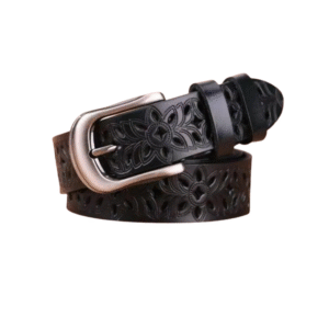 Damenblumiger westerner ledergürtel - schwarz